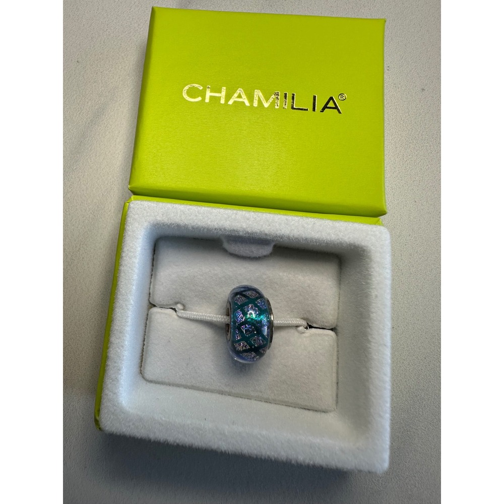 Chamilia Murano Glass Charm 925 Sterling Silver Teal Purple Dichroic Foil Bead